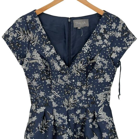 Theia Metallic Floral Jacquard A-Line Dress Knee Length Beaded Sequin Blue 2 - Picture 5 of 15